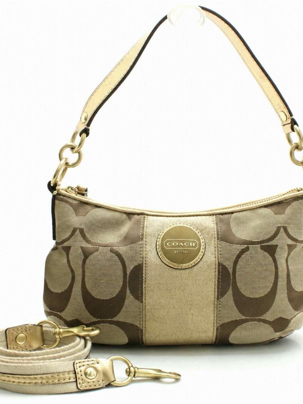 Coach Signature Canvas Shoulder Bag in Tan and Gold